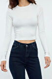 Kadın Moda Şık Üst Giyim Crop Bisiklet Yaka Slim Kalıp Örme Viskoz Yumuşak Kumaşlı Fitted Esnek Bluz