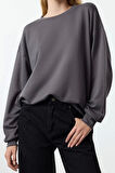 Kadın Moda Şık Bol Bisiklet Yaka Düşük Kol Uzun Yumuşak Tuşeli Geniş Kesim Örme Sweatshirt
