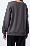 Kadın Moda Şık Bol Bisiklet Yaka Düşük Kol Uzun Yumuşak Tuşeli Geniş Kesim Örme Sweatshirt