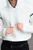 Kadın Moda Şık Regular Kapüşonlu Düşük Kol Regular Kroşeta Detaylı Kalın İçi Polarlı Örme Sweatshirt
