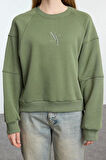 Kadın Moda Şık Regular Bisiklet Yaka Düşük Kol Crop Fit Nakışlı Kalın İçi Polarlı Örme Sweatshirt