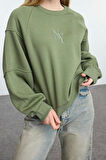 Kadın Moda Şık Regular Bisiklet Yaka Düşük Kol Crop Fit Nakışlı Kalın İçi Polarlı Örme Sweatshirt