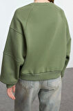 Kadın Moda Şık Regular Bisiklet Yaka Düşük Kol Crop Fit Nakışlı Kalın İçi Polarlı Örme Sweatshirt