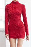 Kadın Moda Şık Mini Boy Dik Yaka Slim Limited Edition Fitted Vücuda Oturan Esnek Örme Elbise