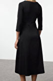Kadın Moda Şık Midi Boy Bisiklet Yaka Regular Belden Açılan Kumaş Mixli Dokuma Elbise