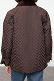 Kadın Moda Şık Oversize Gömlek Yaka Midi Düz Astarlı Oversize Gömlek Yaka Kapitone Mont
