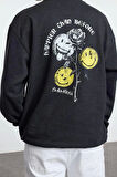 Kadın Moda Şık Bol Bisiklet Yaka Standart Kol Regular Smiley Lisans Unısex Geniş Kesim Sweatshirt