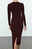 Kadın Moda Şık Midi Boy Bisiklet Yaka Fitted Vücuda Oturan Cut Out Pencere Detaylı Örme Elbise