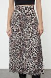Kadın Moda Stil Maxi Astarsız Dokuma Leopar Pileli Maxi Boy Dokuma Etek