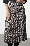 Kadın Moda Stil Maxi Astarsız Dokuma Leopar Pileli Maxi Boy Dokuma Etek
