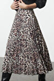 Kadın Moda Stil Maxi Astarsız Dokuma Leopar Pileli Maxi Boy Dokuma Etek