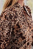 Kadın Moda Şık Maxi Boy Gömlek Yaka Regular Limited Edition Leoparlı Dokuma Elbise