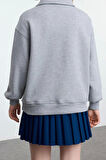 Kadın Oversize Fermuarlı Yaka Uzun Kalıp Kalın Polarlı Slogan Baskılı Fermuarlı Örme Sweatshirt