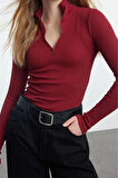 Kadın Moda Şık Üst Giyim Regular Fermuarlı Yaka Slim Kalıp Örme Fitted vücuda Oturan Esnek Bluz