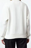 Kadın Moda Bol Bisiklet Yaka Düşük Kol Uzun Baskılı Geniş Kalıp Kalın İçi Polarlı Örme Sweatshirt