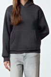 Kadın Moda Şık Relaxed Kapüşonlu Düşük Kol Uzun Taşlı Rahat Kalıp Kalın içi Polarlı Örme Sweatshirt