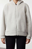 Kadın Moda Regular Kapüşonlu Düşük Kol Regular Peluş Normal Kalıp Fermuarlı Kalın Örme Sweatshirt