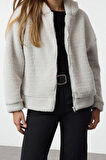 Kadın Moda Regular Kapüşonlu Düşük Kol Regular Peluş Normal Kalıp Fermuarlı Kalın Örme Sweatshirt