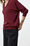 Kadın Moda Şık Bol V Yaka Düşük Kol Uzun Geniş Kalıp Kalın V yaka Örme Sweatshirt