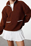 Kadın Regular Fermuarlı Yaka Düşük Kol Standart Peluş Geniş Kalıp Fermuarlı Yaka Örme Sweatshirt