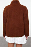 Kadın Regular Fermuarlı Yaka Düşük Kol Standart Peluş Geniş Kalıp Fermuarlı Yaka Örme Sweatshirt
