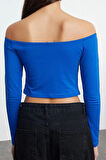 Kadın Moda Şık Crop Carmen Yaka Slim Kalıp Örme Büzgü Drape Detaylı Kısa Fitted Vücuda Oturan Bluz