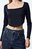 Kadın Moda Şık Crop Kare Yaka Slim Kalıp Örme Biye Detaylı Fitted Vücuda Oturan İnterlok Bluz