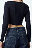 Kadın Moda Şık Crop Kare Yaka Slim Kalıp Örme Biye Detaylı Fitted Vücuda Oturan İnterlok Bluz