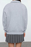Kadın Oversize Gömlek Yaka Düşük Kol Uzun Gömlek Yaka Nakışlı Fit Kalın İçi Polarlı Örme Sweatshirt