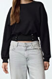 Kadın Moda Şık Bol Bisiklet Yaka Düşük Kol Uzun Çıtçıtlı Rahat Kalıp Crop Kalın Örme Sweatshirt