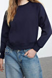Kadın Moda Şık Regular Bisiklet Yaka Düşük Kol Regular Nervür Detaylı Normal Kalıp Örme Sweatshirt