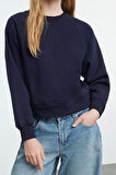 Kadın Moda Şık Regular Bisiklet Yaka Düşük Kol Regular Nervür Detaylı Normal Kalıp Örme Sweatshirt