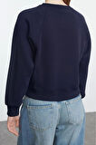 Kadın Moda Şık Regular Bisiklet Yaka Düşük Kol Regular Nervür Detaylı Normal Kalıp Örme Sweatshirt