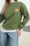 Kadın Bisiklet Yaka Düşük Kol Poplin Detaylı ve Nakış Detaylı Normal Kalıp Örme Sweatshirt