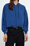 Kadın Relaxed Kapüşonlu Düşük Kol Regular Kalın İçi Polarlı Rahat Kesim Örme Sweatshirt
