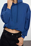 Kadın Relaxed Kapüşonlu Düşük Kol Regular Kalın İçi Polarlı Rahat Kesim Örme Sweatshirt