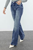 Kadın Moda Şık Kot Pantolon Geniş Paça Uzun Boy Denim Mavi Yüksek Bel Jeans