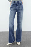 Kadın Moda Şık Kot Pantolon Geniş Paça Uzun Boy Denim Mavi Yüksek Bel Jeans