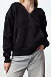 Kadın Moda Şık Regular V Yaka Düşük Kol Regular Aksesuar Detaylı Rahat Kalıp Örme Sweatshirt
