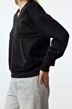 Kadın Moda Şık Regular V Yaka Düşük Kol Regular Aksesuar Detaylı Rahat Kalıp Örme Sweatshirt