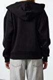 Kadın Moda Şık Regular V Yaka Düşük Kol Regular Aksesuar Detaylı Rahat Kalıp Örme Sweatshirt