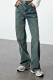 Kadın Moda Şık Kot Pantolon Geniş Paça Uzun Boy Denim Mavi Soluk Vintage Yüksek Bel Jeans