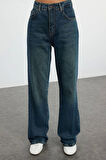 Kadın Moda Şık Kot Pantolon Geniş Paça Uzun Boy Denim Mavi Soluk Vintage Yüksek Bel Jeans