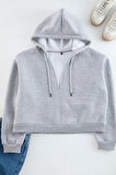 Kadın Büyük Beden Moda Şık Relaxed Kapüşonlu Düşük Kol Crop Basic Crop Örme Sweatshirt
