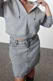 Kadın Büyük Beden Moda Şık Relaxed Kapüşonlu Düşük Kol Crop Basic Crop Örme Sweatshirt