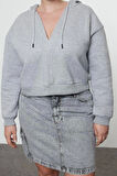 Kadın Büyük Beden Moda Şık Relaxed Kapüşonlu Düşük Kol Crop Basic Crop Örme Sweatshirt
