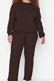 Kadın Moda Şık Büyük Beden Bisiklet Yaka Dar Paça Uzun Kol Pijama Takımı