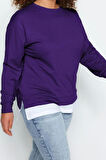 Kadın Büyük Beden Oversize Bisiklet Yaka Düşük Kol Alttan T-Shirt Çıkma Görünüm İnce Örme Sweatshirt