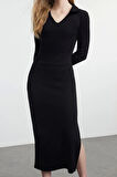 Kadın Moda Şık Midi Boy V Yaka Fitted Düz Polo Yaka Bodycone Vücuda Oturan Örme Elbise
