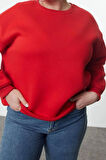 Kadın Büyük Beden Oversize Bisiklet Yaka Bej Rahat Kesim Basic Kalın polarlı Örme Sweatshirt